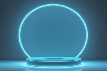 Minimalist abstract blurry light blue background for product presentation with a round neon glow. Blue empty podium with glowing neon frame in the dark for product presentation.
