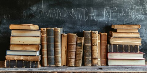 A collection of old books on a wooden shelf in front of a blackboard. - obrazy, fototapety, plakaty