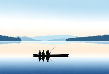 a father is fishing in a boat with two children on the lake