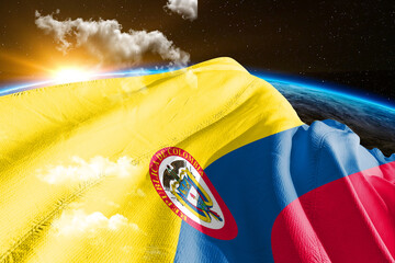 Colombia  national flag cloth fabric waving on beautiful night global cloud Background. - obrazy, fototapety, plakaty
