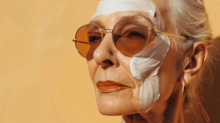 Senior woman with sunscreen cream on her face 