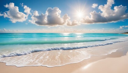 Sunset over the ocean, with waves gently lapping at the shore and a golden sky dotted with clouds. Wide-angle shot of a tranquil beach with white foam on the shore, vivid turquoise waters.
