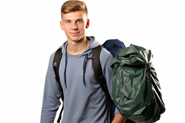 b'Young male with two backpacks'