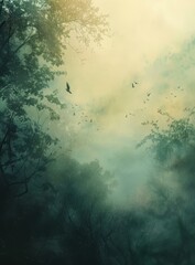 b'Birds Flying Through the Misty Forest'
