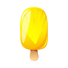 Ice cream with pineapple, fruit popsicle on a wooden stick with pineapple pieces. Summer cold dessert, frozen juice, fruit ice. Vector illustration.