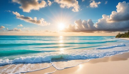 Sunset over the ocean, with waves gently lapping at the shore and a golden sky dotted with clouds. Wide-angle shot of a tranquil beach with white foam on the shore, vivid turquoise waters.
 - Powered by Adobe