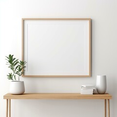 b'Blank picture frame mockup with a plant and books on a wooden table'