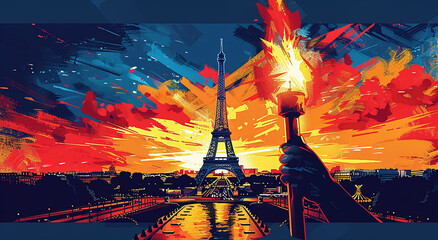 Vibrant artistic illustration of a hand holding a torch with the Eiffel Tower in the background under a colorful sky.