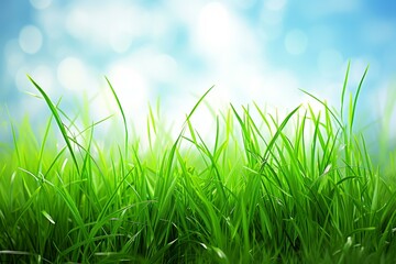 Fototapeta premium b'Close-up of green grass field with blurred sky background'