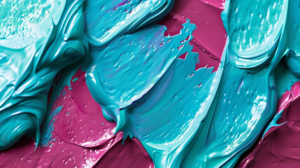 Close-up showcasing acrylic paint's glossy texture and vivid colors, focusing on the artistic blending of teal and ruby red.