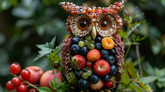 b'A whimsical owl sculpture made of fruits and vegetables'