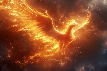 Fire burning Phoenix Bird. phoenix in fire, phoenix rising, fiery bird, phoenix rising from the ashes, - obrazy, fototapety, plakaty