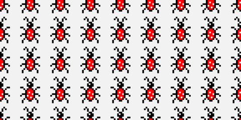 Obraz premium Pixel art with ladybug spring and summer seamless pattern, print, texture. In the grid