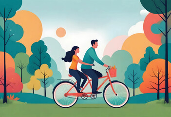 a vector illustration of a father and a daughter riding a bike with a basket on the front