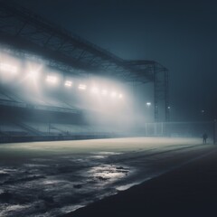 Empty sports soccer stadium at night, floodlights atmospheric, mist, fog