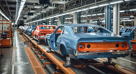 A row of vintage cars in various colors on an assembly line in a modern factory setting, showcasing a blend of classic design and contemporary manufacturing.