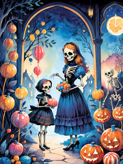 Cute Halloween Skeleton Family Painting Generative AI Illustration 