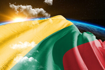 Lithuania national flag cloth fabric waving on beautiful night global cloud Background. - obrazy, fototapety, plakaty
