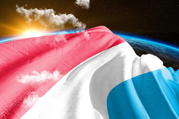 Luxembourg national flag cloth fabric waving on beautiful night global cloud Background. - obrazy, fototapety, plakaty