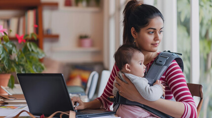 Young woman carrying little baby and working on laptop from home