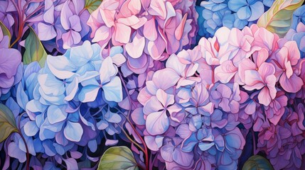 A watercolor painting of pink, purple, and blue hydrangeas.