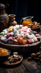 A wooden bowl filled with colorful hard tack candy.  There are several other bowls with nuts and more candy.  The background is dark.