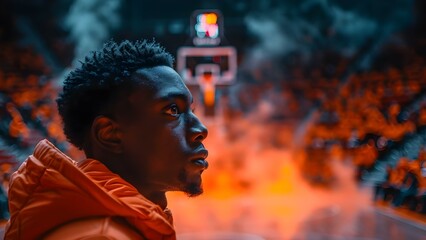 Dramatic Lighting and Smoke Effects Enhance Basketball Player Facing Hoop. Concept Basketball Player, Dramatic Lighting, Smoke Effects, Sports Photography, Hoop Challenge