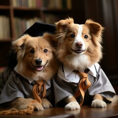 b'Two dogs wearing graduation caps and gowns'