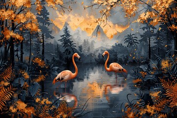 Gold black Jungle wallpaper with birds, trees and tropical plant. jungle scene with Flamingo - obrazy, fototapety, plakaty