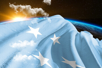 Micronesia, Federated States of Micronesia national flag cloth fabric waving on beautiful night global cloud Background. - obrazy, fototapety, plakaty