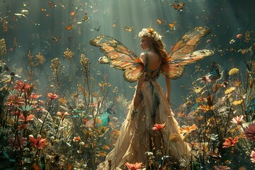 Ancient medieval christian painting style, Enchanted fairy with wings in a fantasy magical forest with butterflies