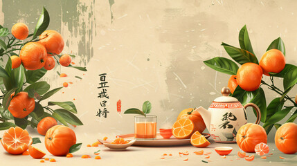Set of Chinese tangerines with tea and greeting card 