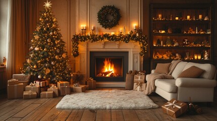 b'Cozy living room with Christmas tree, fireplace and presents'