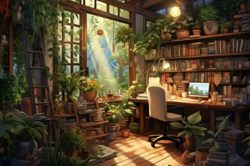 b'Cozy home office with lots of plants and books'