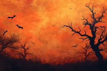 b'Bats flying in a spooky orange sky' - obrazy, fototapety, plakaty