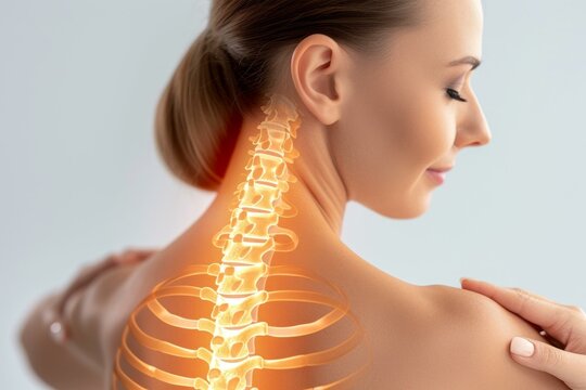 b'A woman with neck pain and highlighted spine'