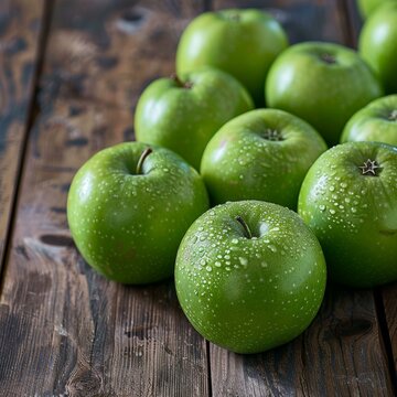 Green apples with water drops on a wooden table