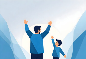 a vector illustration of a father and a son with their arms raised in the air