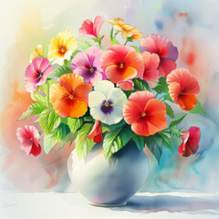 A watercolor depiction of multicolored pansies in a minimalist white vase, set against a soft background.
