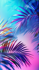 Fototapeta na wymiar The image captures radiant palm leaves with neon highlights against a serene gradient sky-like backdrop