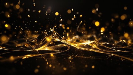 This is a picture of a dark gold liquid, lit from below, with a spray of gold droplets above it.

