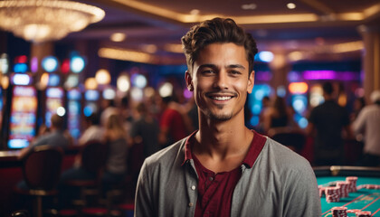 Fototapeta premium Portrait of a young smiling man in casual clothes in casino