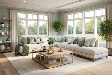 b'Elegant living room interior with large windows and comfortable sofa'