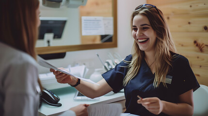Young female receptionist handing paper to client in dental office