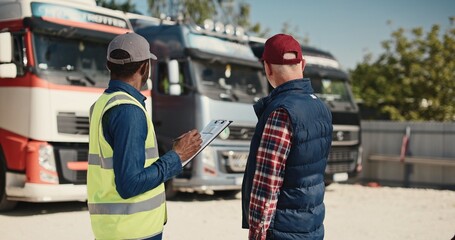 Side view of two multiethnic workers speaking with each other about load and unload freight at...