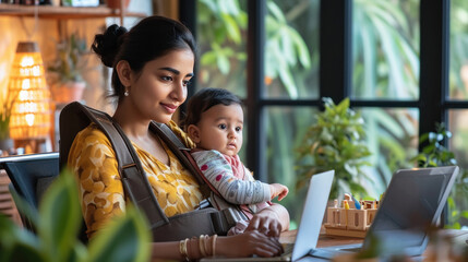 Young woman carrying little baby and working on laptop from home