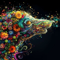 b'A psychedelic floral wolf with intricate patterns and vibrant colors'