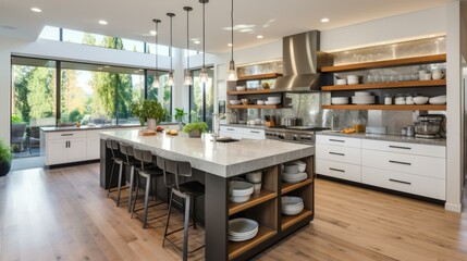 b'Modern kitchen interior with island and stainless steel appliances'