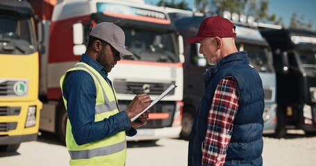 Side view of two multiethnic workers speaking with each other about load and unload freight at...