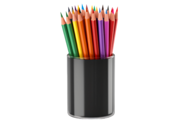 The Colorful Convergence: A Black Cup Overflowing With Vibrant Creativity. On a White or Clear Surface PNG Transparent Background.